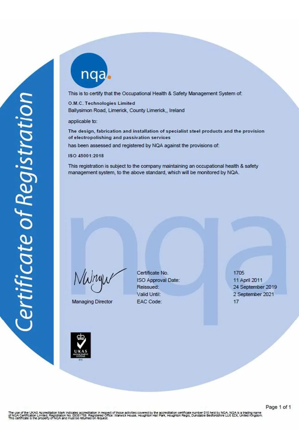OMC Engineered Solutions - ISO 45001 2018