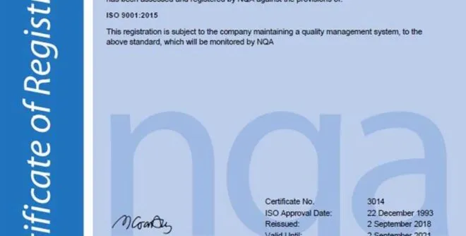 OMC Engineered Solutions - ISO 9001 Cert