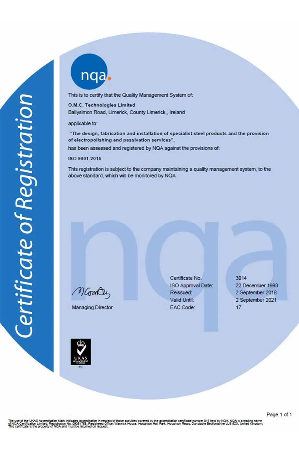 OMC Engineered Solutions - ISO 9001 Cert